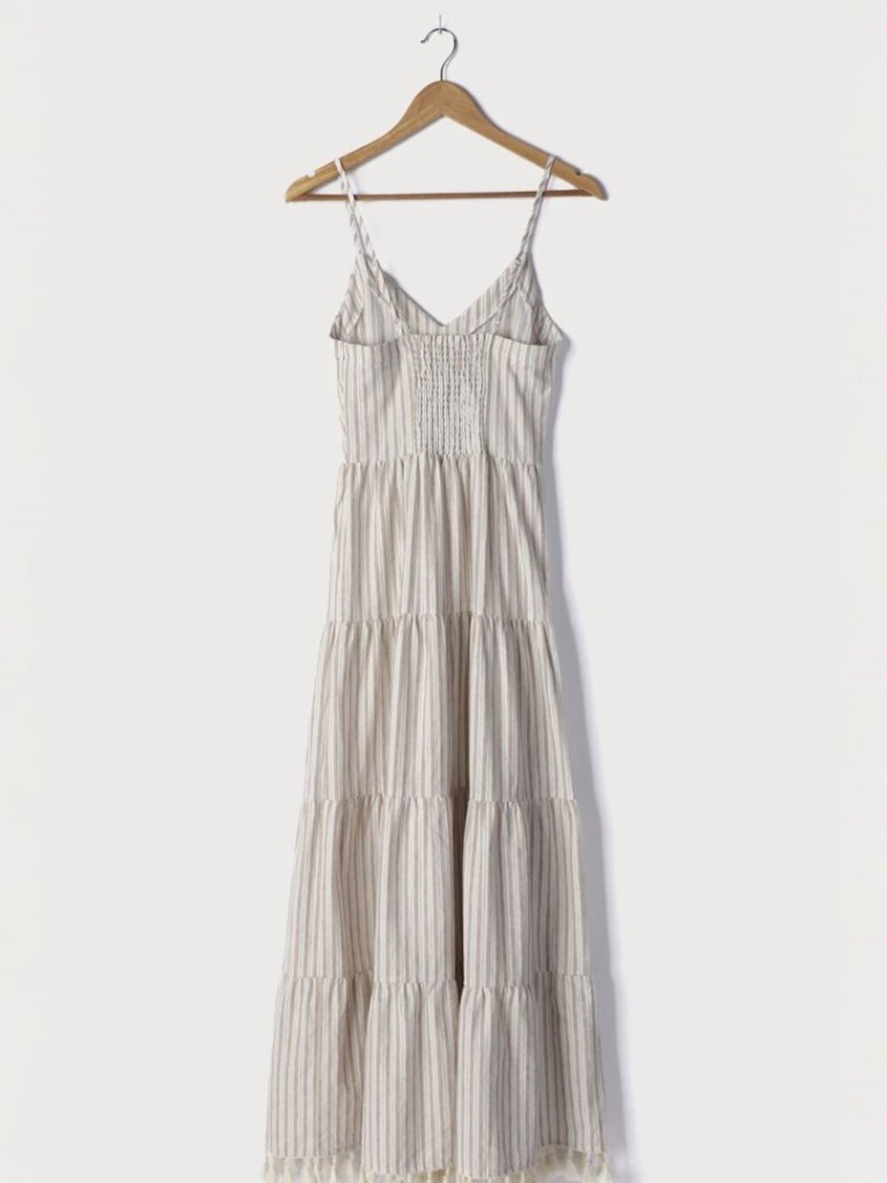 Lulus Beauty at the Beach Tan Striped Tiered Tassel Maxi Dress NWT - Picture 6 of 11